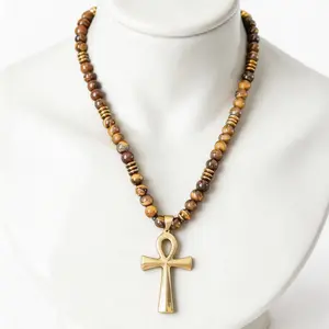 Ankh Cross Necklace with Natural Tiger Eye Beads, Adjustable Knot Cord. The black version ismade of Adjustable Cross Natural Black Agate Gemstone Beaded Necklace. Perfect Gift for Him/Her/Mom &Men's Accessories,weight 87g