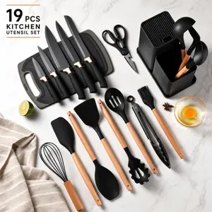Aesthetic 19PC Silicone Cooking Utensils Set with Holder, Heat-Resistant Kitchen Tools with Wooden Handles for Non-Stick Pans