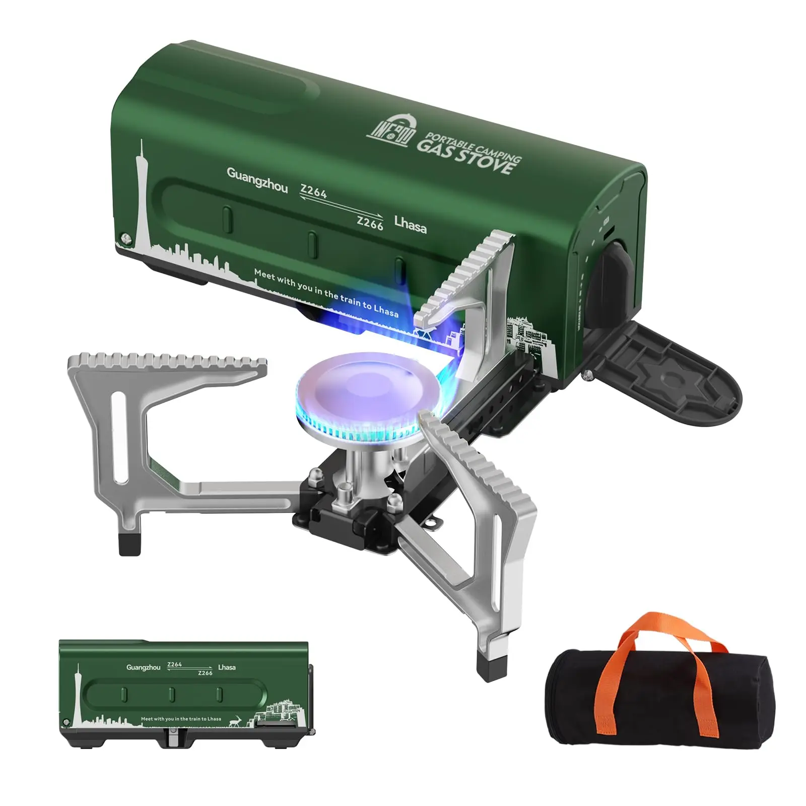 Portable Gas Camping Stove - 7500 Btu Compact Folding Design With Carry Bag For Backpacking  Rv Trips Picnic & Outdoor Indoor Cooking Green