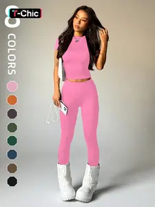 Women's Short Sleeve Round Neck Moisture Wicking Yoga Pants Set, Comfortable Fashion Daily Sports Wear, Elastic Sportswear, Workout Running Clothes, Yoga Outfits