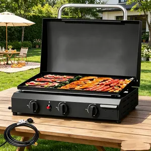 23 Inch Flat Top Grill, Gas Griddle with Hood, Portable Tabletop Propane Gas Griddle Grill for Camping, Outdoor & Tailgating Barbecue, 3 Burners, Summer Vibes
