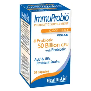 HealthAid ImmuProbio 50 Billion CFU with Prebiotic, 30ct, Once Daily, Acid & Bile Resistant Strains, Dairy & Gluten Free, Vegan