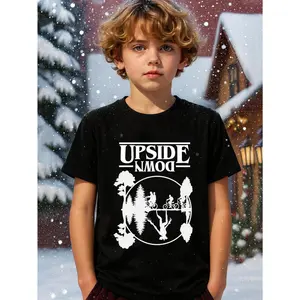 Young Boy's Upside Down Theme Christmas Stranger Hawkins Style Up Side Down Things Graphic Cotton T-Shirt For Young Boys, Perfect Christmas Gifts Hawkins Fans Shirts For Holiday Fun Stranger Young Boys T-Shirt Christmas Hawkins Things