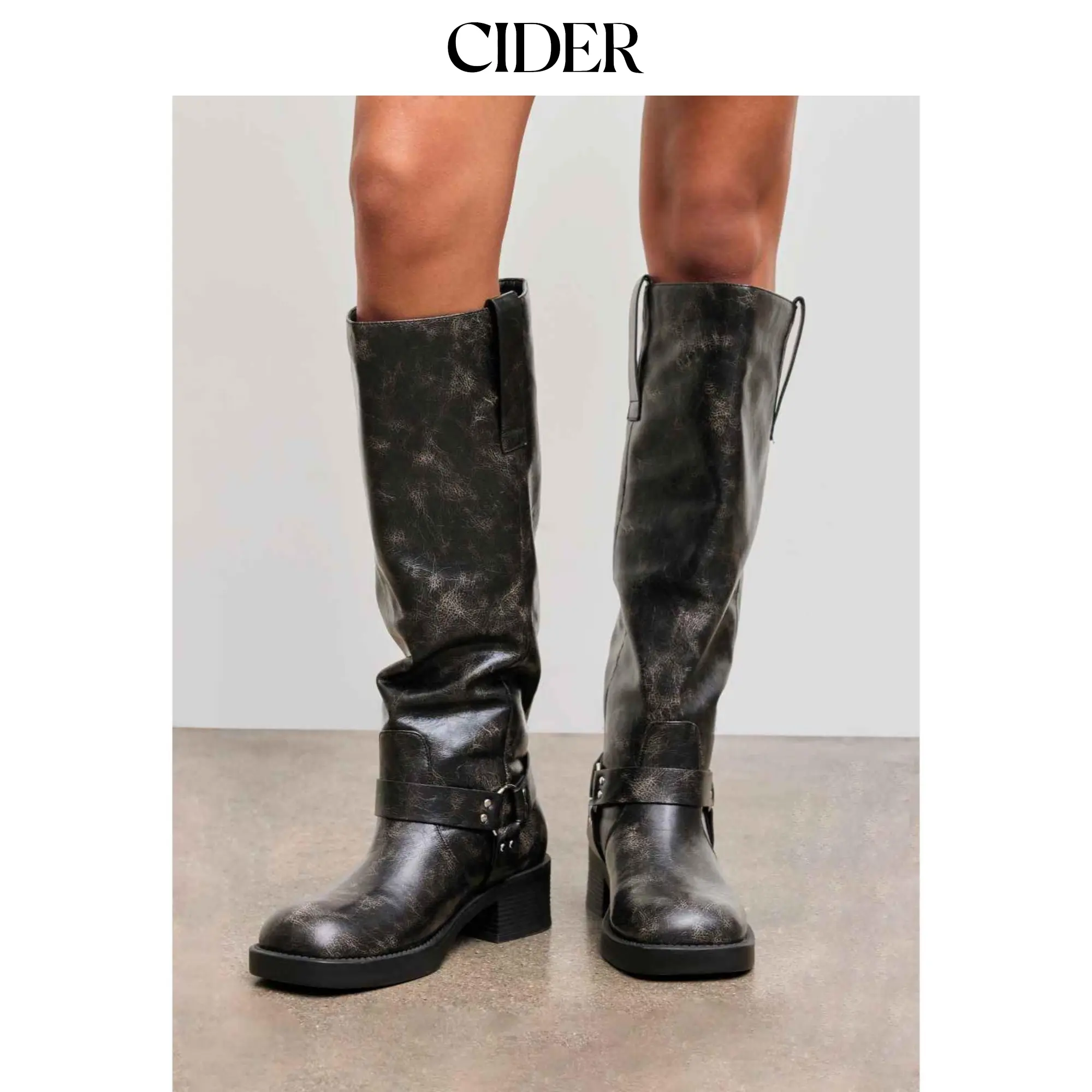 Cider Women's Casual Distressed Knee-High Buckle Boots, Plain Textured Woven Fabric Side Strap Design Basic Style