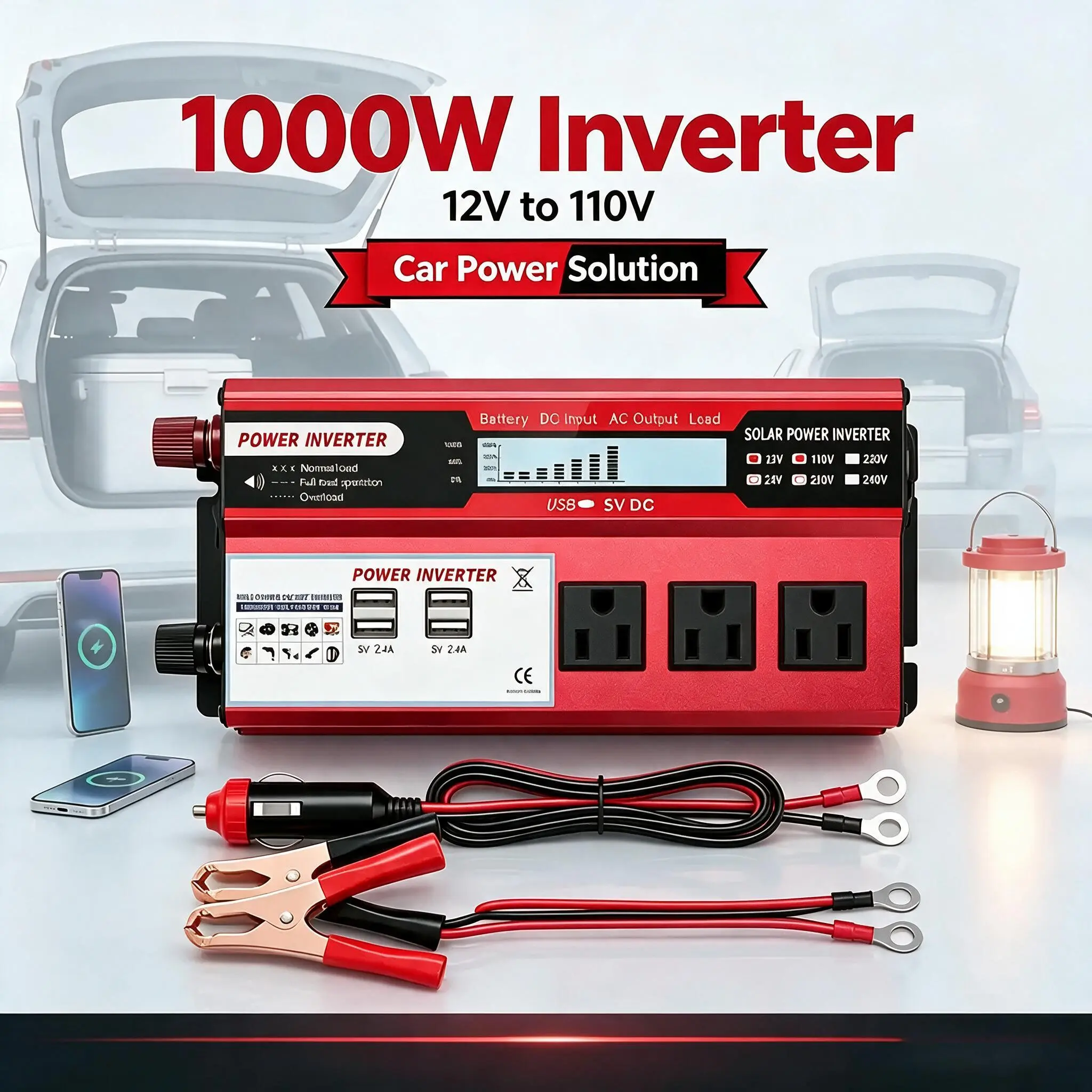 1000W Peak Surge Power Inverter for Vehicle & Camping Gear, RV Life Ready Compact Outdoor Transformer with 3 AC Sockets, USB Ports & 60Hz Frequency, Car Accessories, Outdoor Gear for Adults, Cars Accessories, Outdoor Stuff