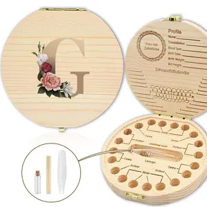 Wooden 26 Letter Floral Pattern Tooth Box, 1 Count Teeth Organizer for Kids, Lanugo Umbilical Cord Storage with Bottle Tweezer, Keepsake Newborn Memory Case