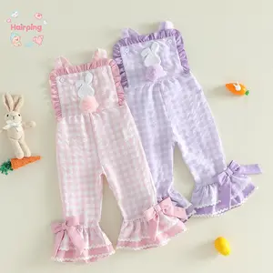 Vibrant Color Infant Easter Outfit - Breathable Pink & Purple Gingham Romper with Bunny Applique & Flared Hem, Affordable for Family Celebrations & Casual Daily Use