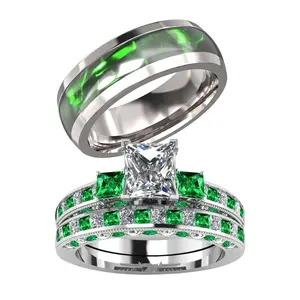 Couple Rings Three stone Square 1.5ct CZ 2pcs Women Wedding Ring Sets For Him And Her Ring Sets Men Red Titanium Steel Wedding Band