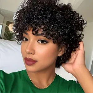 A Short Curly Fair-Elf Human Hair Wig For Women A Glue Free Mechanism Head Cover For Daily Wear With Natural Bangs