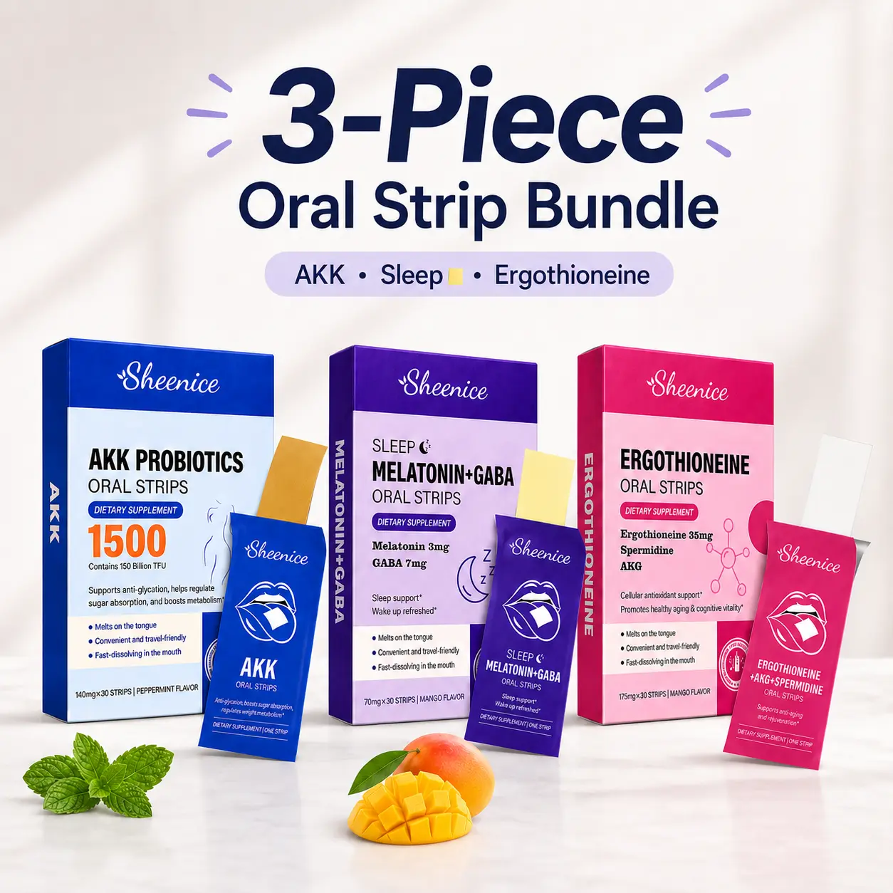 AKK Probiotics, Melatonin+GABA & Ergothioneine Quick Melt Strips Discovery 3-Pack – Gut, Sleep & Energy Support, Fast-Dissolving, Vegan, Sugar-Free, 30 Count/Pack, Mango & Peppermint Flavors