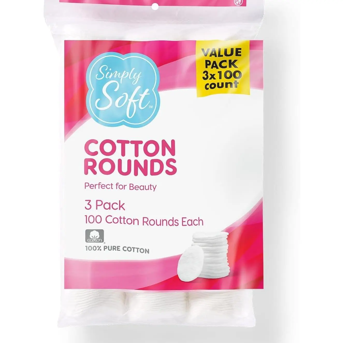 Medline Simply Soft Cotton Rounds (300 Count), 100% Cotton Absorbent and Textured Cotton Pads, Lint-Free Makeup Makeup Remover