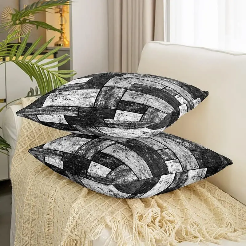 Feelyou 2-Piece 22x22 in Geometric Throw Pillow Cover Set, Modern Abstract Art Cushion Covers, White Black Grey Plaid, Washable Zip Design, Pillow Inserts Not Included, for Bedroom Decor, Modern Cushion Covers, Washable Cushion Covers