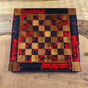 Black Onyx Red Lava Walnut Chess Board (PIECES INCLUDED)