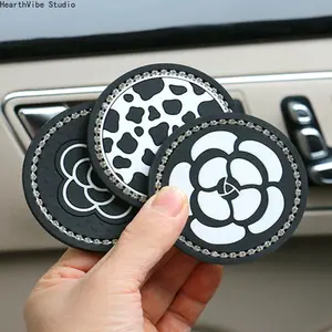 2Pcs Luxury Chessboard Camellia Car Coaster, Bling Rhinestone Non-Slip Silicone Cup Mat for Women, Universal Aesthetic Vehicle Interior Accessories, Perfect Car Decor Gift