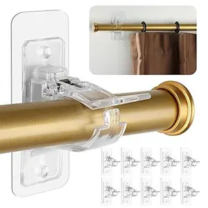 No Drill Curtain Rod Brackets, Holding Up to 17 lbs, PET Self Adhesive Curtain Rod Holders, Adjustable Nail-Free Curtain Rod Hooks for Bedroom Bathroom and Living Room