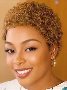 Curly Wave Pixie Cut Human Hair Wig for Women Full Machine Made Wig Daily Party Use Wig 150% Density 6 Inch Curly Wigs for Women