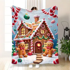 Cozy Gingerbread House Flannel Blanket - Soft Warm Bedspread Suitable Couch, Bed & Camping - Heavyweight 280GSM Winter Bedspread With Gingerbread House - -Season /Outdoor Use