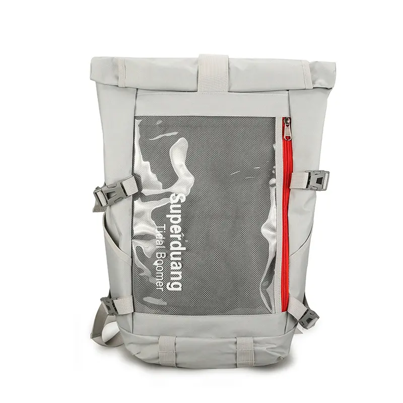 Street-Style Roll-Top Schoolbag Backpack, Techwear Aesthetic, Transparent Front Pocket, Waterproof High-Capacity Daypack for Urban Commuting, Travel