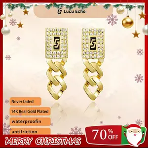LuLuEcho Golden Unisex 4mm Cuban Link Iced Out CZ Earrings 316L Stainless Steel Miami Hip Hop Jewelry 24inch Chain 14mm Earring Size