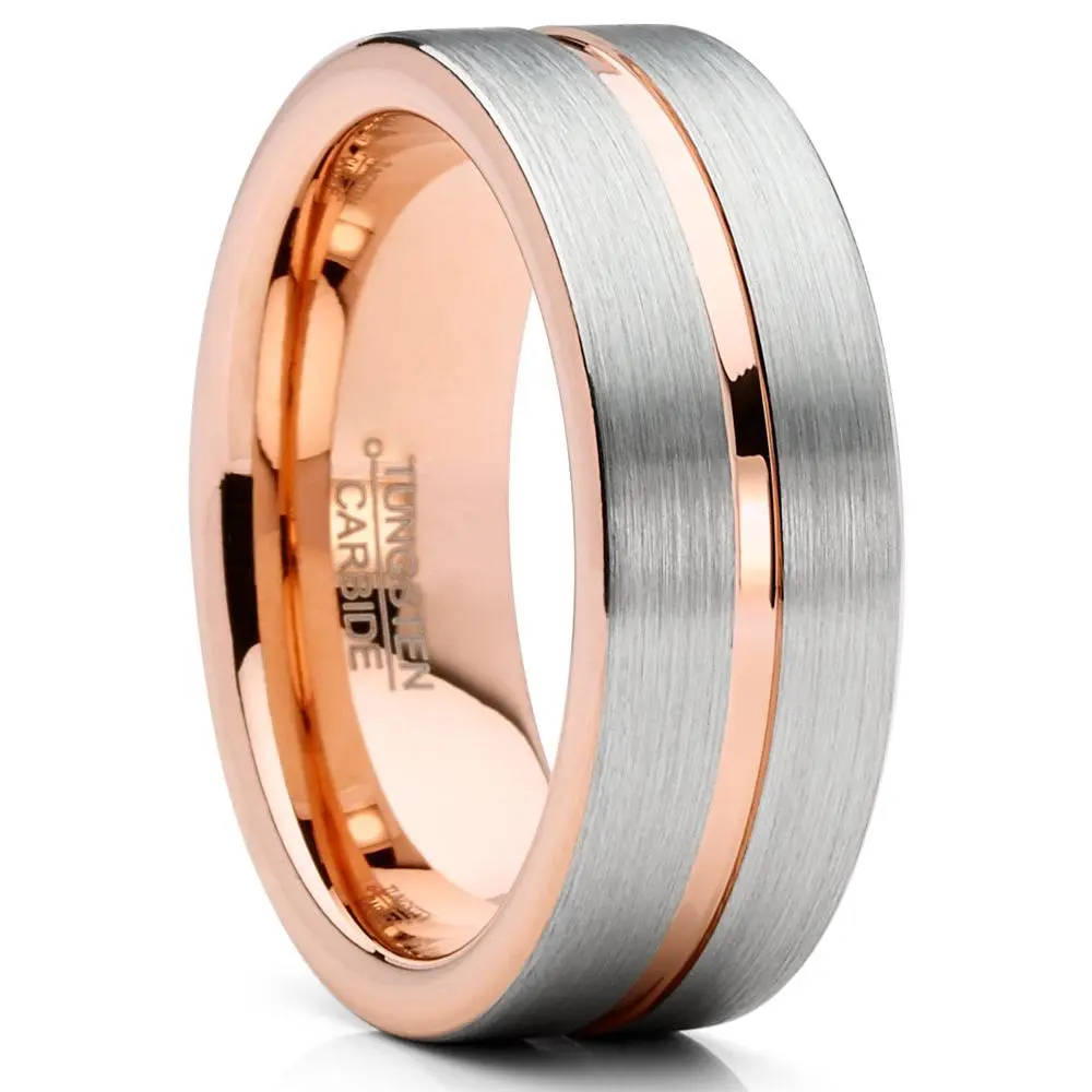 Mens Tungsten Ring Rose Goldtone Wedding Band Grooved Comfort-fit 8MM Mens Tungsten Ring Rose Goldtone Wedding Band Grooved Comfort-fit 8MM