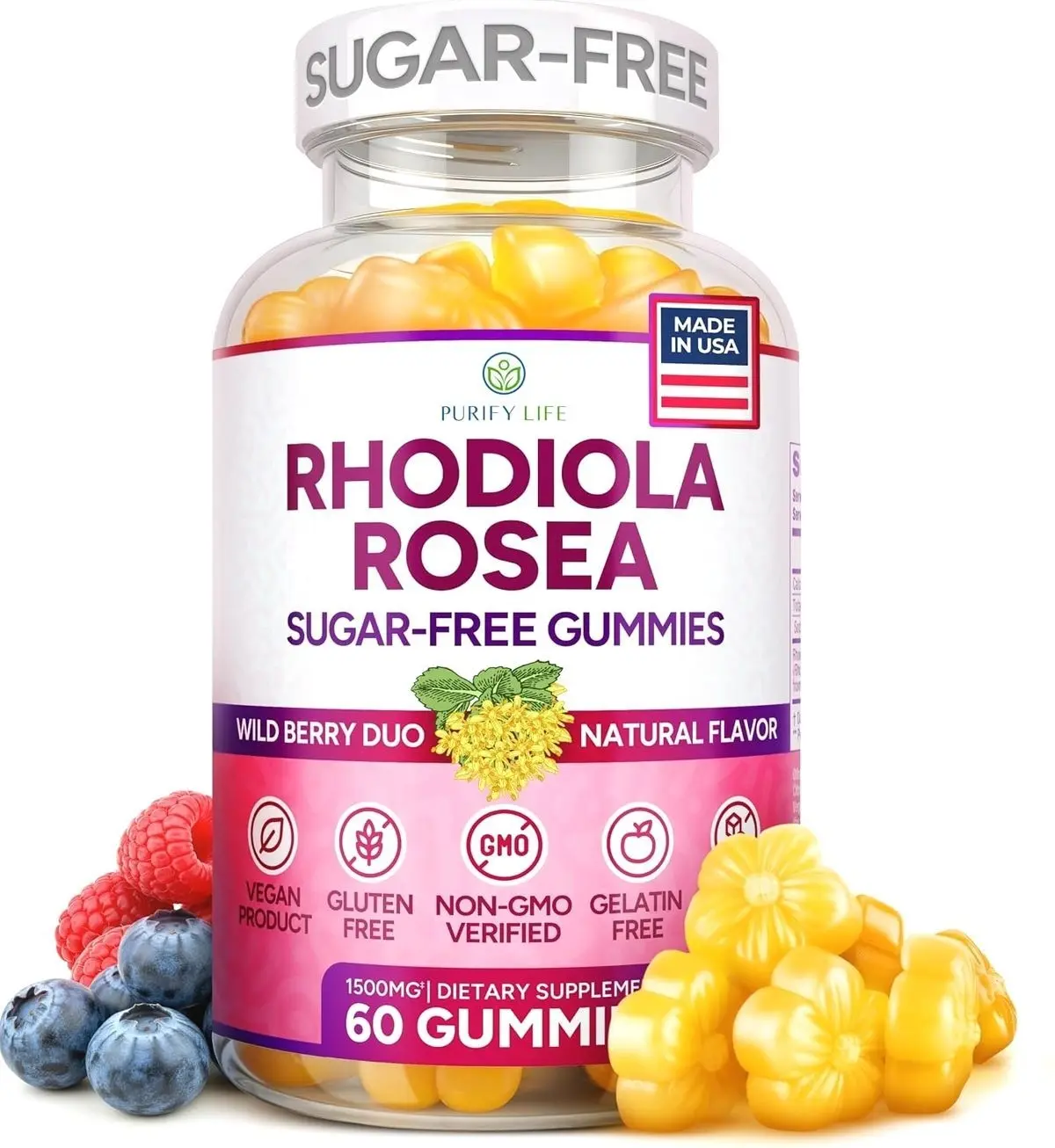 Purify Life Sugar-Free Rhodiola Rosea Gummies (1500mg/Serving) Cortisol Detox & Adrenal Support Supplement - Adaptogenic Rhodiola for Mood, Motivation, Stamina & Performance, Non-GMO, 60 Vegan Chews