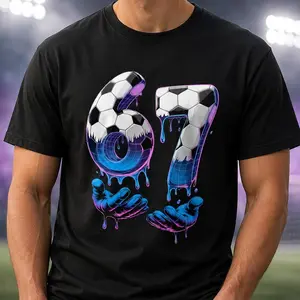 [soccer jerseys] Creative Soccer Number 67 Drip Graphic Tshirt, Men's Crew Neck Short Sleeve Football Shirt, 100% Cotton, Black White, Gift for Soccer Lovers