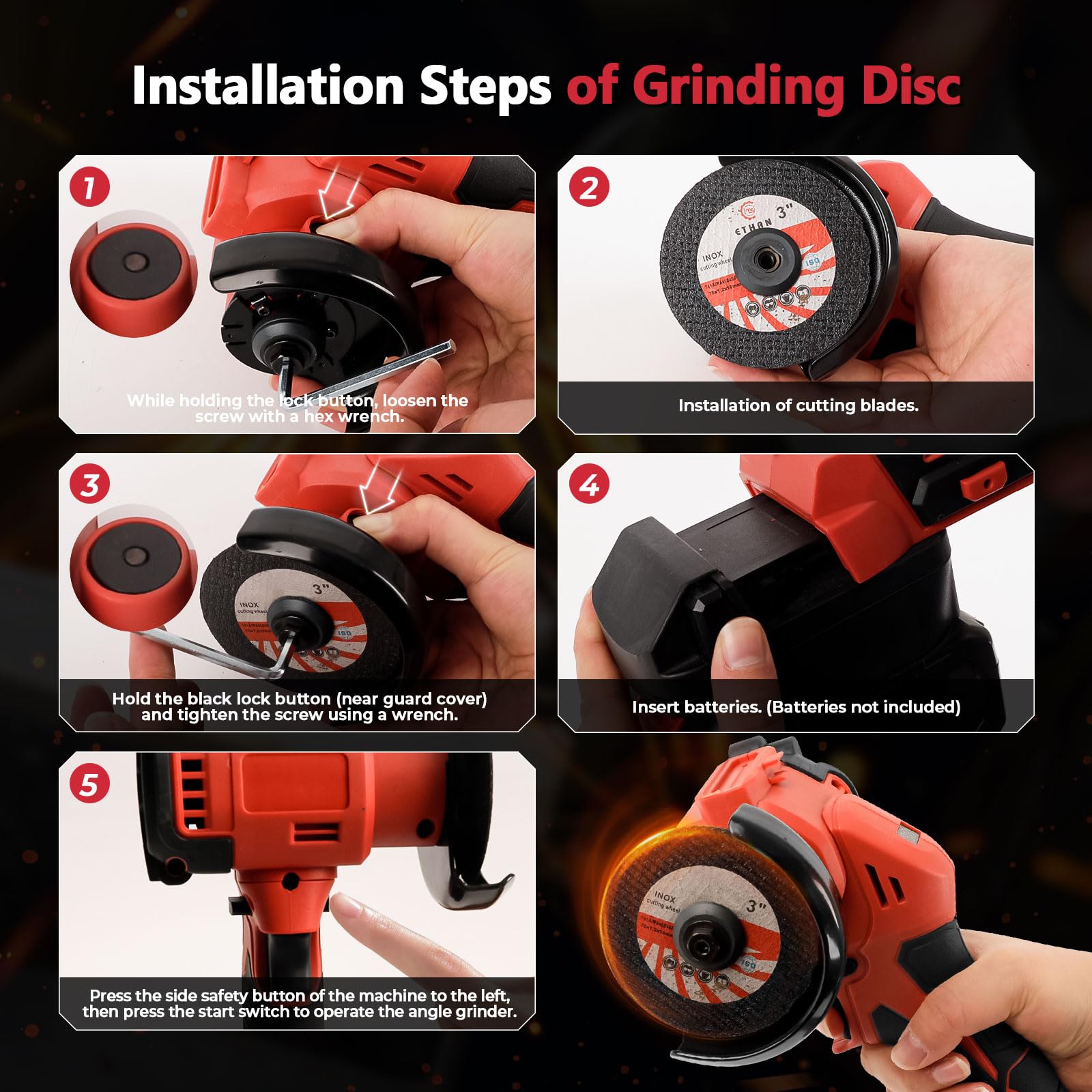3" Cordless Cut Off Tool Brushless, Compact Angle Grinder with 5 Blades, LED Light, Dust Cover for  Wood Tile Plastic