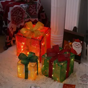 Christmas Lighted Gift Box, 3 Counts/set Battery Powered Present Design Novelty Lighting with Bowknot & Artificial Pine Leaves & Pine Cones, Decorative Light for Home Party Wedding