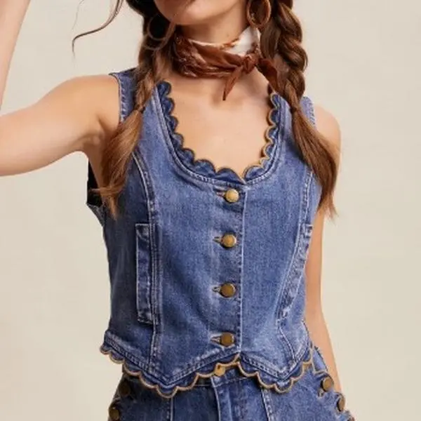 Scallop Trim Stretch Denim Vest
