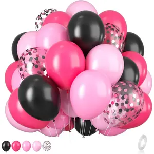Pink and Black Balloons, 12 Inch Hot Pink Black Balloons Set with Black Pink Confetti Balloons, Pastel Pink Light Pink Black Balloons for Girl Birthday Party Wedding Decorations