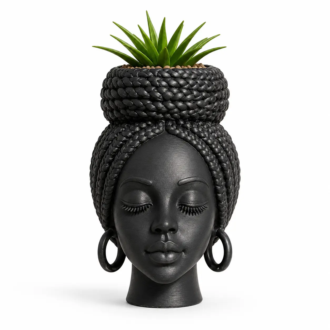 Mini African Braided Woman Head Planter, 3 Inch Matte Black Succulent Pot for Desk and Shelf Decor face