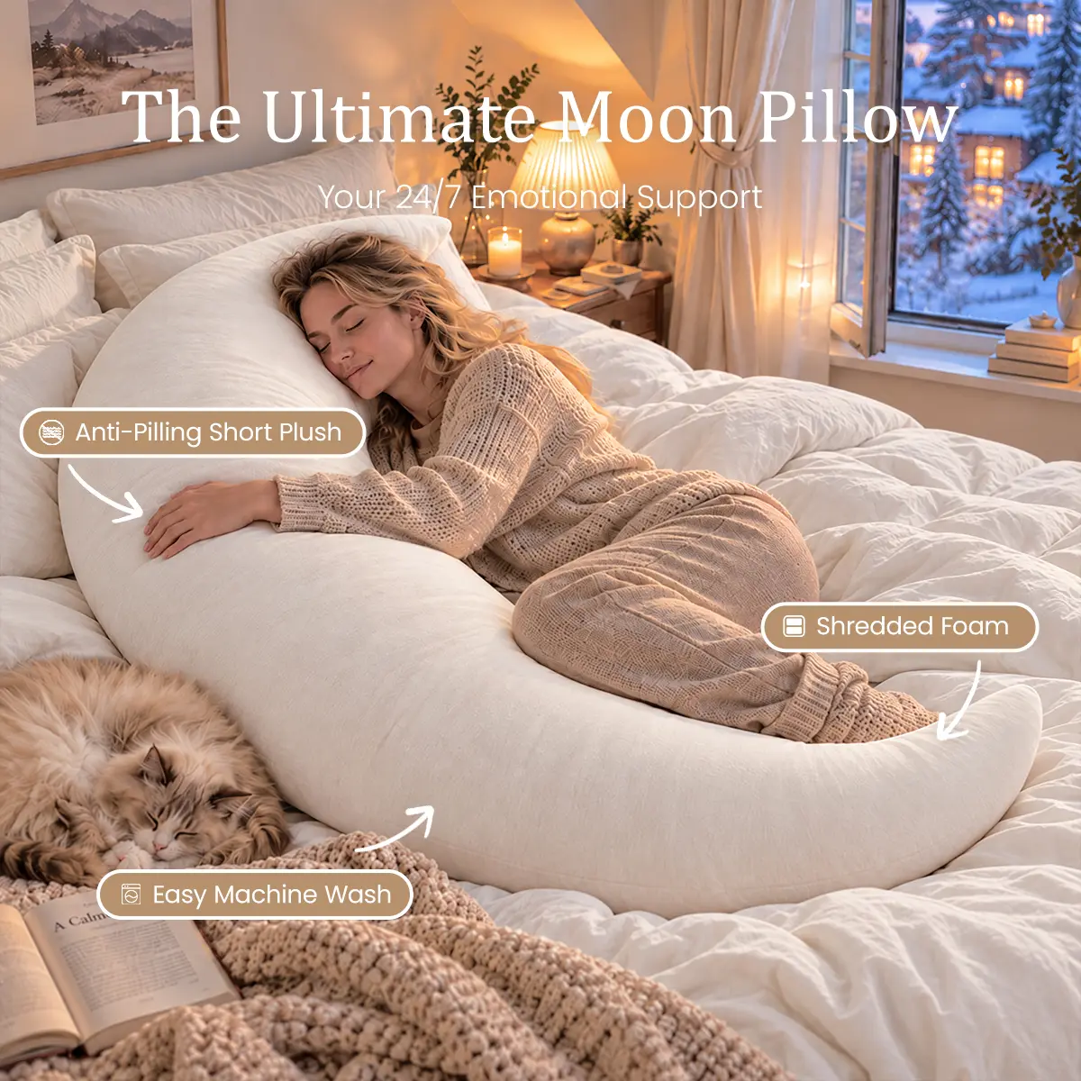 APSMILE Full Body Contoured Moon Pillow - Shredded Foam Never Flat, Ergonomic Support, Pet-Friendly Washable Plush, Contoured Shape, Pillow Covers Included, Bedroom Use for Side Sleeping, Smooth Texture
