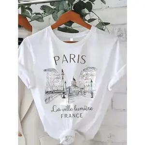 Summer Paris Fashion Printed Round Neck Regular T-Shirt