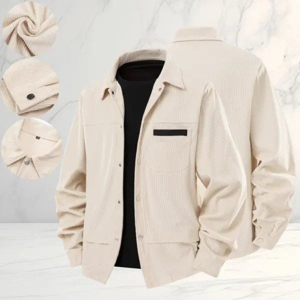 Men's Basic Casual Corduroy Jacket, Plain Loose Fit Long Sleeve Workwear with Lapel Collar and Full Zipper, Large, Cold Wash
