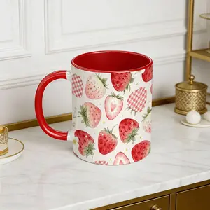 11oz Strawberry Mug, Watercolor Strawberries & Plaid Pattern, Multiple Colors Available, Comfortable Grip, Heat Resistant, Easy to Clean, Ideal for Home Office Use