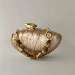 Pearl Shell Marble Acrylic Clutch H with Gold Accents and Chain Strap for Elegant Occasions