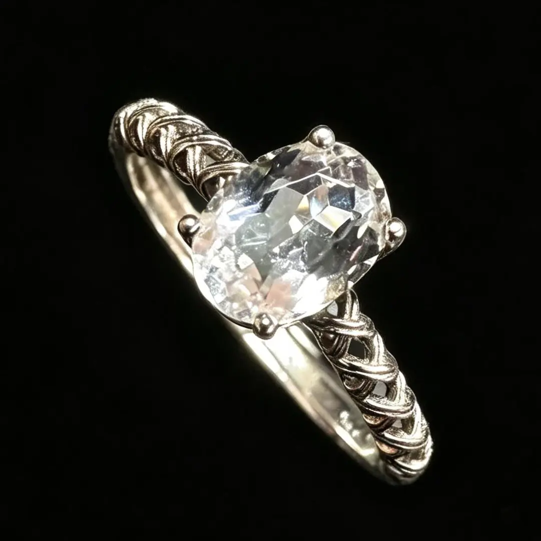Twisted Band Clear Quartz Adjustable 925 Silver Ring