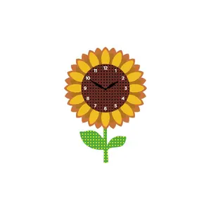 "Sunny" - Vibrant, Cheerful, Nature-Inspired Sunflower Shaped Pendulum Wall Clock, Cartoon Style, Golden Yellow/Brown/Light Green, MDF, 13.4'x9.3'x1.8', White Gift Box