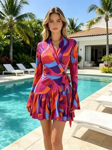 QFAF 2026 Women's Fashion Wrap Front Mini Dress with Waist Tie Elegant Long Sleeve V-Neck Ruffle Hem Dress Flowy Feminine Silhouette Comfortable Lightweight Fabric for Vacation Brunch Date Night Party Everyday Wear