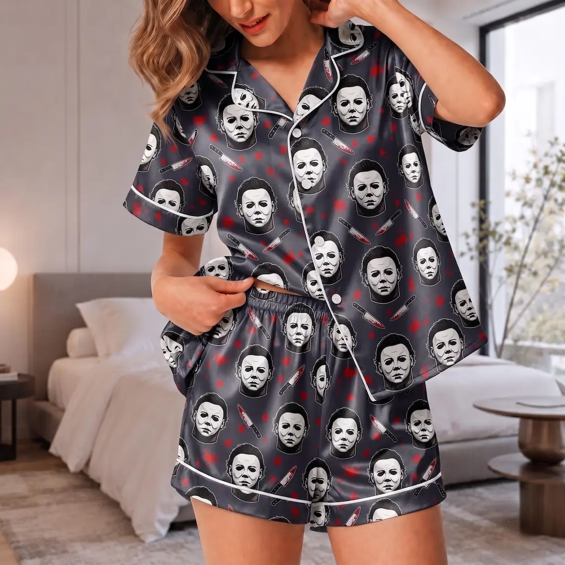 Michael Myers Vintage Pajama Set for Women, Halloween Horror Movie Satin Sleepwear, Gothic Lounge Outfit with Spooky Graphic Design for Relaxing at Home