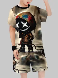 Boys Street Style Summer, Cool Graffiti Short Sleeve Shorts Set, Casual Asymmetrical Design, Fitted H-Type, Natural Waist, Husky Boy Clothes