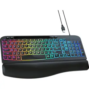 Wired  Keyboard, 7-Color Backlit USB  Keyboard with Wrist Rest, Wave , Phone Holder, Lighted Keyboard Compatible with PC, Laptop, Windows, and