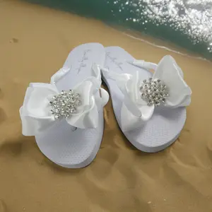 Big Jewel Satin Bow Flip Flops, Bridal Sandals or Quinceanera, Vacation Destination White Flat or Low Heel
