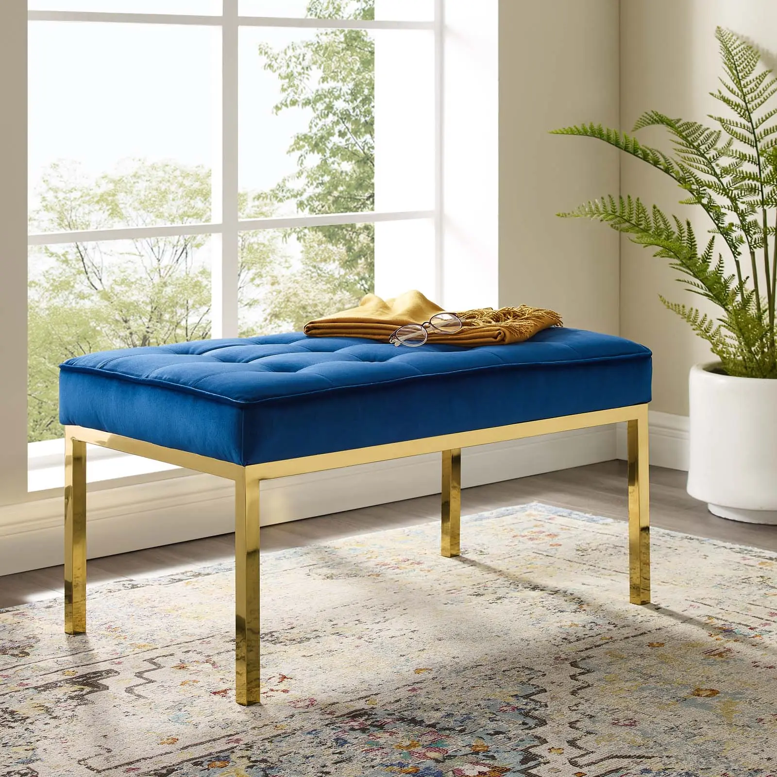 Modway Loft Gold Navy Medium Performance Velvet Bench with Gold Stainless Steel Legs, Soft Cushioned Tufted Upholstered Ottoman, Living Room Decor Small Benches Stool, Soft Cushioned Stool, Upholstered Stool