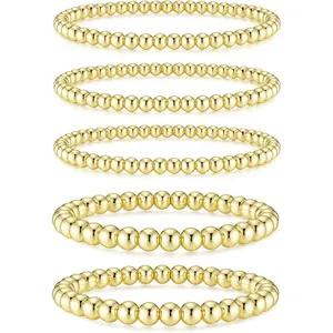 CASSIECA 5pc Bracelets for Women 14K Gold Plated Stretch Beaded Bracelets Stackable Gold Bead Ball Bracelet for Women Trendy Gifts Adjustable Bracelet Jewelry