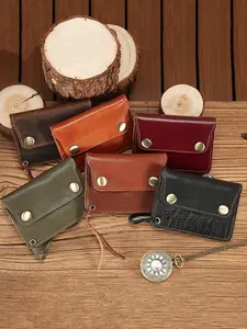Leather Zipper Card Wallet Coin Purse, Vintage Style Handmade Cowhide Multi-Card Slots, Short Portable Storage for Daily Use