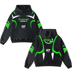 Retro Thunder Kawasaki Ninja Racing Washed Hoodie MotorGP World Champion Enthusiast Apparel Streetwear Racing Team Super Motorsports Clothing Motobike Riders Supermotor Off-Road Dirt Bike Fan Gear Cotton For Motor Fan