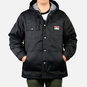 Ben Davis Men's Rugged Hooded Jacket, Warm Fleece-Lined Poly-Cotton Twill Workwear Top with Long Sleeves and Snap Front, Tops