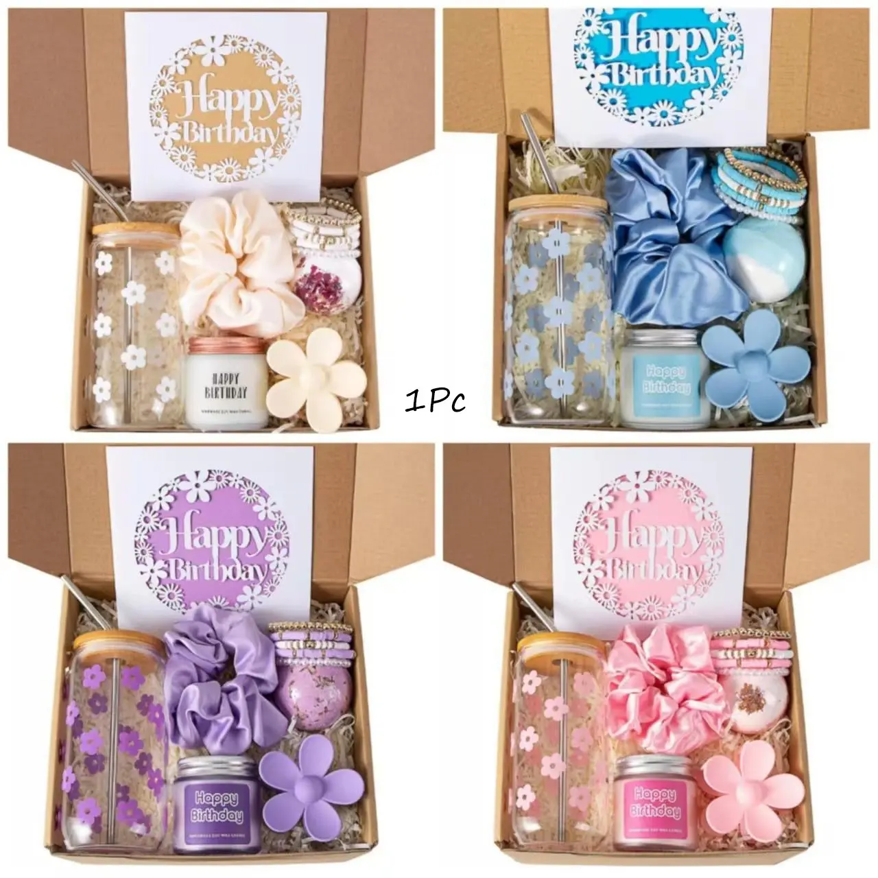 Women's Birthday Gift Set, Teen Girl Gifts, 7-Piece Daisy Glass Cup Set, 16oz，Best Sister Gift Set for Women, Creative Cool Gifts Including Fun Glass Cup, Scented Candle, Bracelet, Bath Bomb, Hair Clips, Elastic Bands, Jewelry Tray, Holiday Gift