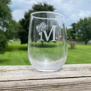 Hand Etched Glass Stemless Wine Glass M with Floral Monogram Design